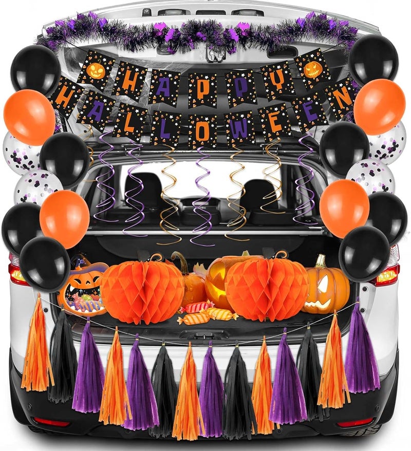 Jcoos Trunk or Treat Car Decorations Kit - 47PCS Halloween Decorations Halloween Garage Door Decorations Trunk or Treat Kits with Happy Halloween Banner, Halloween Balloons, Party Kit, Swirls, Tassel - Image 1